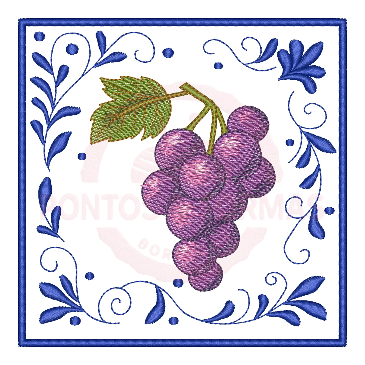 Matriz de Bordado Uvas Nobres com Moldura Floral - Pontos Leves
